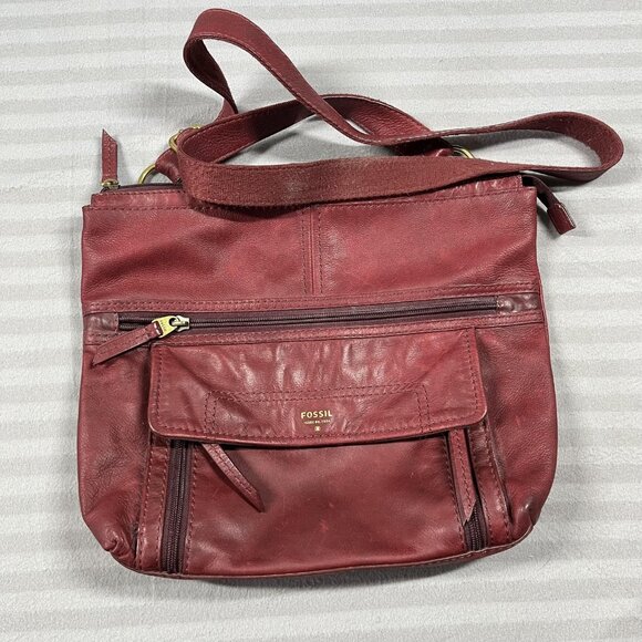 Fossil Leather Crossbody Shoulder Bag Purse Womens Burgundy Oxblood Zip Pockets - Picture 1 of 12